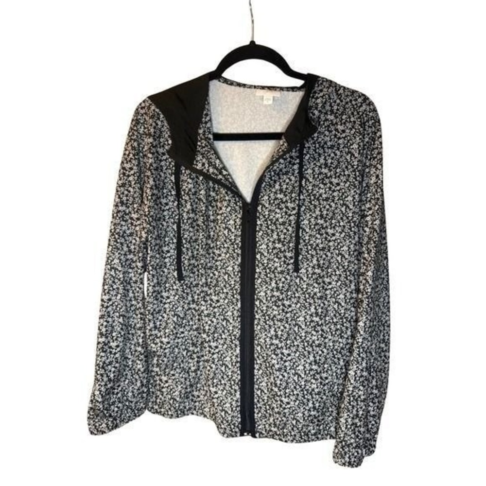 J. Jill Fit Womens Black White Floral Ditsy Full Zip Hooded Jacket Medium